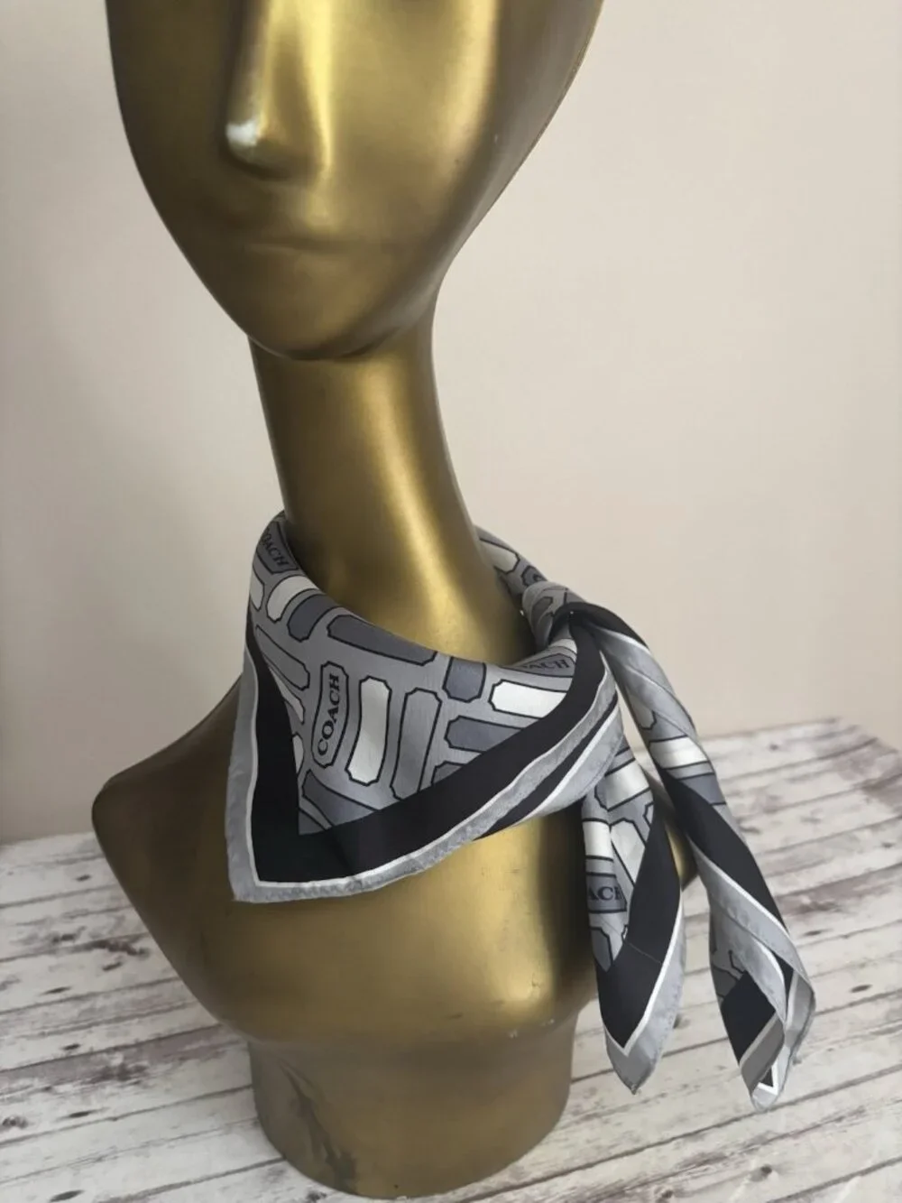 Vintage Coach Silk Scarf Square 21” Grey Black White Geometric Design Neck
